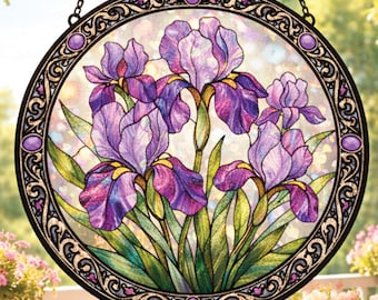 Purple Iris Stained Glass Suncatcher, Iris Flower Window Hanging, Floral Garden Suncatcher, Botanical Window Decor, Flower Lover Gift