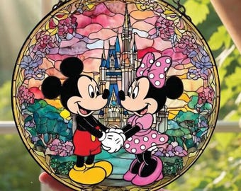 Mickey Minnie Stained Glass Suncatcher, Disney Couple Window Hanging,Mickey Minnie Castle Decor,Disney Lover Gift,Magical Window Sun Catcher
