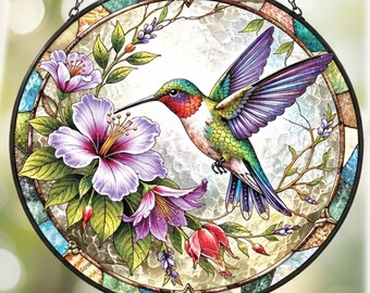 Hummingbird Stained Glass Suncatcher, Colorful Bird Garden Suncatcher, Floral Hummingbird Window Hanging.