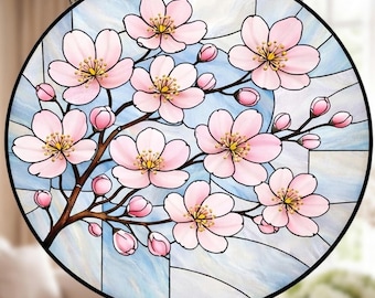 Cherry Blossom Stained Glass Suncatcher, Sakura Window Hanging, March Birth Month Flower Gift For Mom