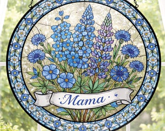 Mama Stained Glass Suncatcher, Blue Wildflower Window Hanging, Gift for Mom, Floral Suncatcher, Mother's Day Gift, Garden Window Decor