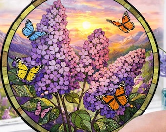 Lilac Flower Stained Glass Suncatcher, Butterfly Garden Window Hanging, Purple Floral Glass Art, Spring Window Decor, Gift for Nature Lover