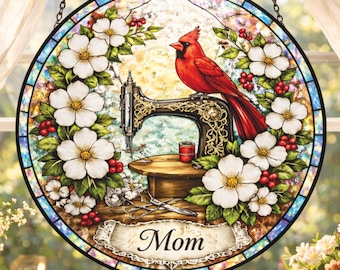 Cardinal Sewing Memorial Suncatcher for Mom, Sewing Machine Sympathy Gift, Loss of Mother Remembrance Gift, Quilter Window Hanging Decor