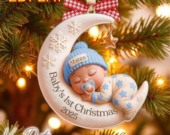 Adorno navideño para el primer bebé, regalo personalizado para recién nacido, recuerdo acrílico de luna 2D personalizado, decoración navideña única, idea de regalo para bebé.