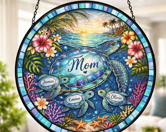 Personalized Sea Turtle Family Suncatcher, Grandma Gift, Grandma Gifts Custom Kids Name, Ocean Stained Glass Art, Mother's Day Gift For Mom.