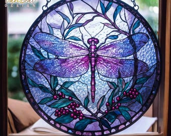 Dragonfly Stained Glass Suncatcher, Acrylic Window Decor, Floral Nature Design, Garden Lover Gift