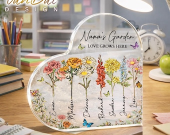 Personalized Grandmas Garden Heart Acrylic Plaque, Mother's Day Gifts For Nana, Grandmother, Grandma Birthday Gift