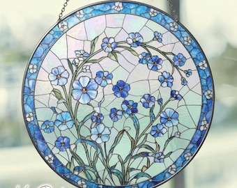 Suncatcher Forget Me Not, Blue Flowers Glass Decor, Light Catcher For Window, Memorial Gift, Floral Stained Glass Ornament, Gift For Friend