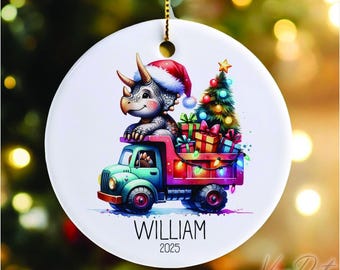 Personalized Dinosaur Christmas Ornament, Custom Kids Holiday Keepsake With T-Rex, Triceratops,Dino Parade Ornament For Boys.