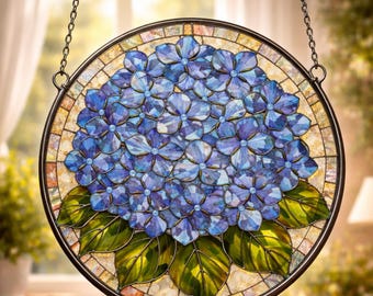 Blue Hydrangea Stained Glass Suncatcher, Vibrant Floral Window Hanging, Garden Flower Decor