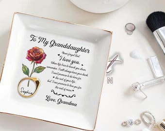 To My Granddaughter Gift from Grandma, Personalized Jewelry Dish, Custom Name Ring Dish,Birthday Gift for Granddaughter, Floral Trinket Tray