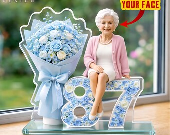 Custom Face Age Acrylic Birthday Gift For Mom,  Any Age Keepsake Decor For Her, Personalized Photo Portrait Plaque With Floral Number.