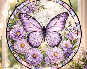 Purple Butterfly Stained Glass Suncatcher, Butterfly Window Hanging, Floral Garden Suncatcher, Spring Window Decor, Butterfly Lover Gift