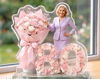 Personalized 80th Birthday Acrylic Plaque with Rose Bouquet, Custom Photo Gift For Grandma, Elegant Floral Keepsake,Milestone Birthday Decor