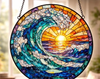 Sunrise On The Beach Stained Glass Suncatcher, Ocean Waves At Sunrise, Sunrise Lover Gift, Beach Suncatcher, Natural Gift.