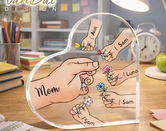 Personalized Name Mom And Kid Hands Heart Acrylic Plaque, Personalized Mom Hand Flower Acrylic Plaque,Kids Hand Holding Flowers Gift for Mom