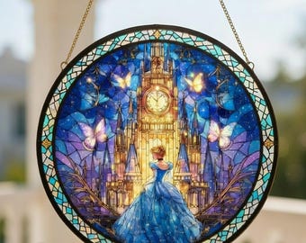 Cinderell And Castle Stained Glass Suncatcher, Cinderella Princess Bookshelf Decor, Romantic Fairytale Decor Gift, Princess Room Decor