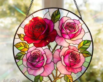 Rose Stained Glass Suncatcher Rose Window Hanging Pink And Red Rose Flower Garden Decor Mother's Day Gift June Birthday Gift Mom.