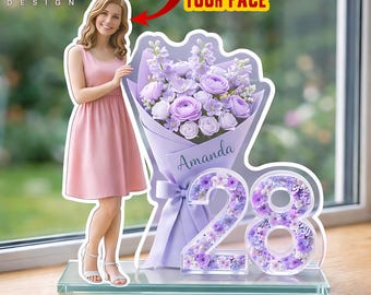 Personalized Birthday Acrylic Plaque Custom Photo Gift, Custom Face Standee, Birthday Flower Decor, Name & Age Gift, Unique Keepsake for Her