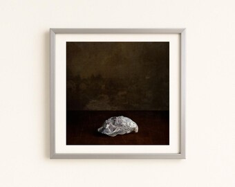 May include: A framed art print depicting a still life. The image shows a textured, grey oyster shell on a dark wooden surface. The background is a muted brown, and the frame is silver.