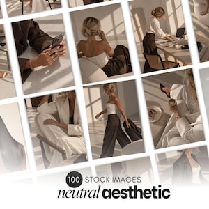 Puede incluir: Una colección de 100 imágenes de archivo con una estética neutra, que muestra a una persona en diversos entornos profesionales y casuales, vistiendo ropa blanca y marrón, incluyendo blazers, pantalones y tops, con joyas y accesorios dorados.