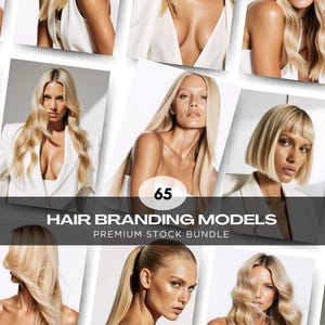 以下が含まれることがあります： ブロンドヘアモデルの画像コレクション。長いウェーブ、ボブ、ポニーテールなど、さまざまなヘアスタイルが写っています。「65 HAIR BRANDING MODELS PREMIUM STOCK BUNDLE」というテキストが画像の下部に表示されています。