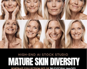 Reife Haut Vielfalt Stock Bundle, gealterte Haut Bilder, Hautpflege Bilder, Reife Schönheit Modell, authentische alternde Haut, Haare und Wellness