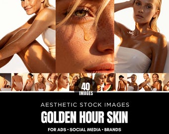 Hautfoto-Bundle, ästhetische Hautpflege Bilder, Luxus Hautfotos, Körperpflege, verschiedene Schönheitsbilder, Wellness Lifestyle Goldene Stunde Haut