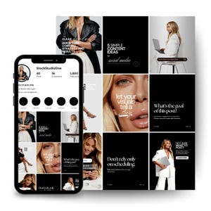 Può includere: Uno smartphone mostra una griglia di profilo social media intitolata StockStudioOne con 40 post e 5k follower. La griglia presenta modelli estetici in bianco e nero con sovrapposizioni di testo tra cui 5 Simple Content Ideas, Let your visuals tell a story e What's the goal of this post? insieme a vari ritratti.