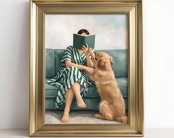 May include: A framed artwork shows a person reading a book on a teal sofa, with a golden retriever dog playfully interacting. The person wears a green and white striped dress. The artwork is framed in a gold-coloured frame.