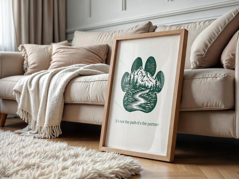 Mountain Dog Print Paw Silhouette Nature Scene Digital Download Pet Memorial Gift Adventure Themed Artwork Pine Trees Landscape Design Inspirational Quote Partner Path Wall Art Home Decor Dog Lover Present Hiking Enthusiast Gift Multiple