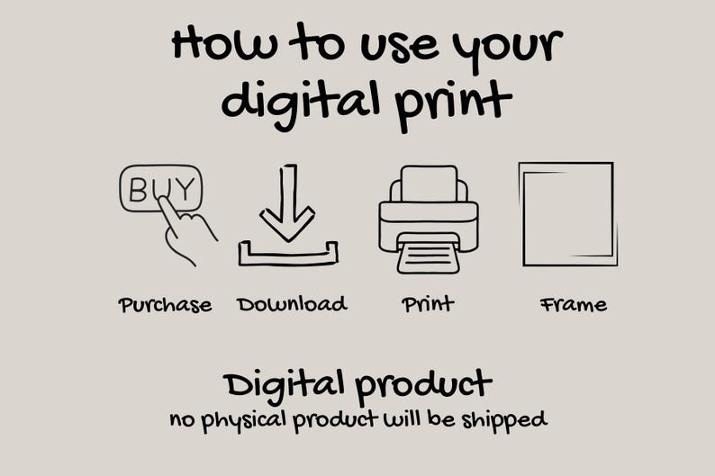 May include: A guide on how to use a digital print, featuring hand-drawn illustrations. The steps are purchase, download, print, and frame. Text at the top reads "How to use your digital print". The bottom text says "Digital product no physical product will be shipped".