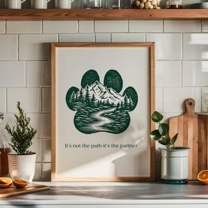 Digital Download Art Print Dog Paw Silhouette Mountain Scene Nature Landscape Pine Trees Adventure Quote Partner Path Wall Decor Aesthetic Print Pet Memorial Gift Dog Owner Present Hiking Enthusiast Gift Multiple Aspect Ratios High