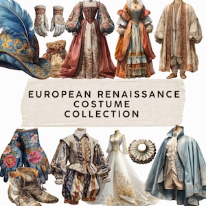 European Renaissance Costume - 35 Clipart Watercolor Historical Fashion & Accessories