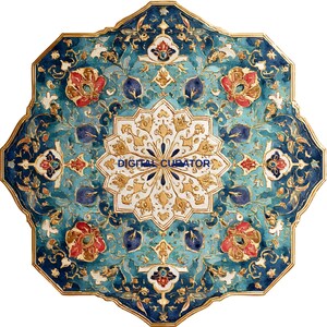 May include: An ornate, octagonal table top with a detailed floral design. The table features a teal and white background with gold accents, red and blue floral elements, and the text "DIGITAL CURATOR". The table's dimensions are approximately 36 inches in diameter.