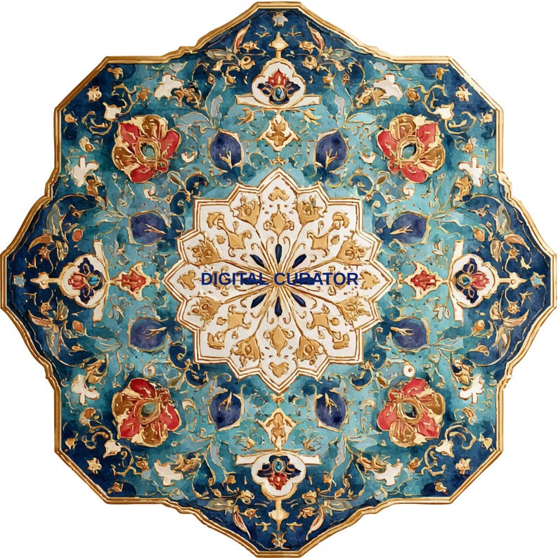 May include: An ornate, octagonal table top with a detailed floral design. The table features a teal and white background with gold accents, red and blue floral elements, and the text "DIGITAL CURATOR". The table's dimensions are approximately 36 inches in diameter.