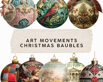 May include: A collection of ornate Christmas baubles with various designs. The baubles feature cherubs, birds, and architectural elements, with a color palette of teal, pink, gold, and red. The text "ART MOVEMENTS CHRISTMAS BAUBLES" is displayed.
