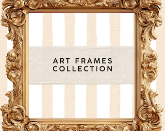 May include: A gold-colored, ornate picture frame with intricate floral and scroll detailing. The frame is square and features the text "ART FRAMES COLLECTION" in black letters on a light beige background. The background has vertical stripes.