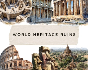 May include: Watercolor illustration of world heritage ruins, including the Colosseum, ancient temples, and Easter Island statues. The text "WORLD HERITAGE RUINS" is displayed on a torn paper banner.