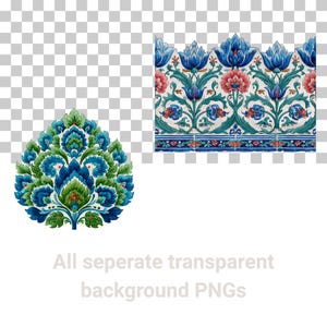 May include: Floral design elements in blue, green, and red. The image includes a decorative border and a stylized floral motif. Text at the bottom reads "All separate transparent background PNGs."