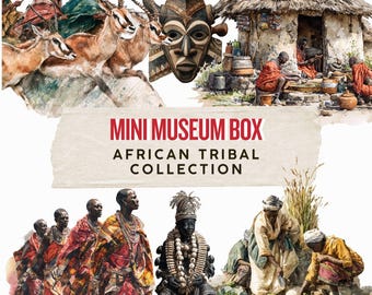 May include: Watercolor illustration of an African tribal collection. The image features various scenes of African life, including people, animals, huts, and masks. Text reads "Mini Museum Box African Tribal Collection."
