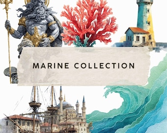 May include: Watercolor illustration featuring a marine theme. Includes a depiction of a lighthouse, a ship, a coral reef, and a statue of a sea god holding a trident. The text "MARINE COLLECTION" is displayed on a banner.