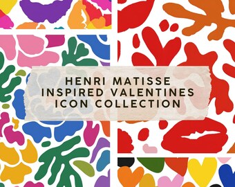May include: A collection of colorful, abstract patterns inspired by Henri Matisse, featuring shapes like lips, hearts, and organic forms in vibrant hues. The text "HENRI MATISSE INSPIRED VALENTINES ICON COLLECTION" is displayed on a white background.