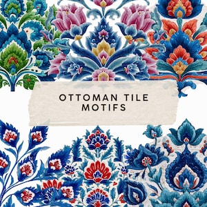 May include: A selection of vibrant Ottoman tile motifs in a watercolour style. The designs showcase complex floral patterns in shades of blue, red, pink, and green. The text "OTTOMAN TILE MOTIFS" is displayed on a torn paper banner.