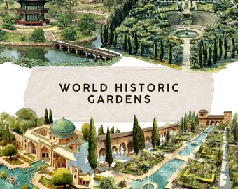 May include: Watercolor illustration of various world historic gardens. The image features a traditional Korean pavilion, terraced gardens with fountains, and other architectural and landscape designs. The text "WORLD HISTORIC GARDENS" is displayed.
