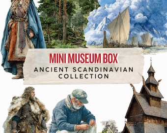 May include: A collage of watercolor illustrations featuring scenes from the Ancient Scandinavian Collection. The images include a woman in a hooded cloak, a forest path, Viking ships, and a man with a sword. Text reads "Mini Museum Box".