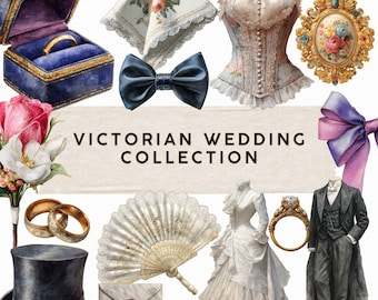 May include: A collection of Victorian wedding items, including a blue ring box with a gold ring, a floral handkerchief, a blue bow tie, a corset, a gold brooch, a bouquet, wedding rings, a top hat, a fan, an envelope, a wedding dress, and a suit. Text: Victorian Wedding Collection.