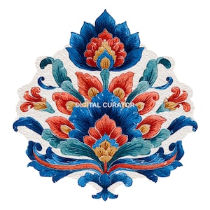 May include: A watercolor floral design in shades of blue, red, and gold, with the text "DIGITAL CURATOR" at the bottom. The design features stylized flowers and leaves on a textured white background, perfect for home decor.