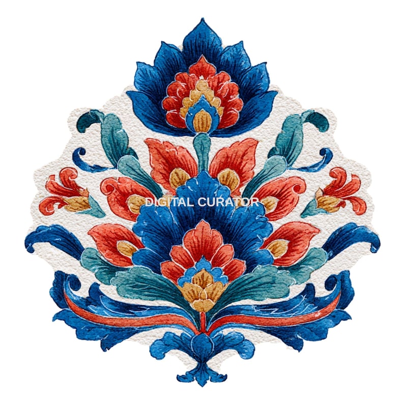 May include: A watercolor floral design in shades of blue, red, and gold, with the text "DIGITAL CURATOR" at the bottom. The design features stylized flowers and leaves on a textured white background, perfect for home decor.