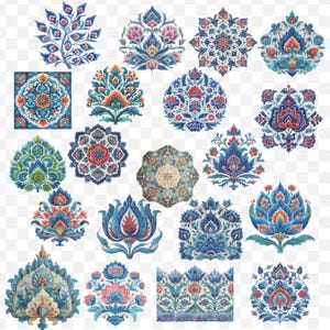 May include: A collection of colorful floral and ornamental designs in shades of blue, red, orange, and green. The designs include intricate patterns and shapes, suitable for various decorative applications.